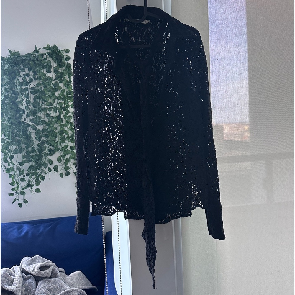 zara lace tie front blouse in black